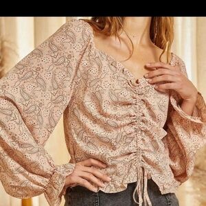 Savanna Jane Printed Paisley Bandana Pink Ruched Blouse Long Sleeve Flowy Boho S